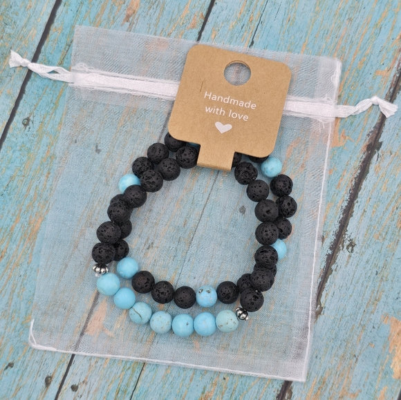 Handmade Jewelry - Aromatherapy Essential Oil Diffuser Bracelet Set, Blue w/ Black Lava Rock Beads